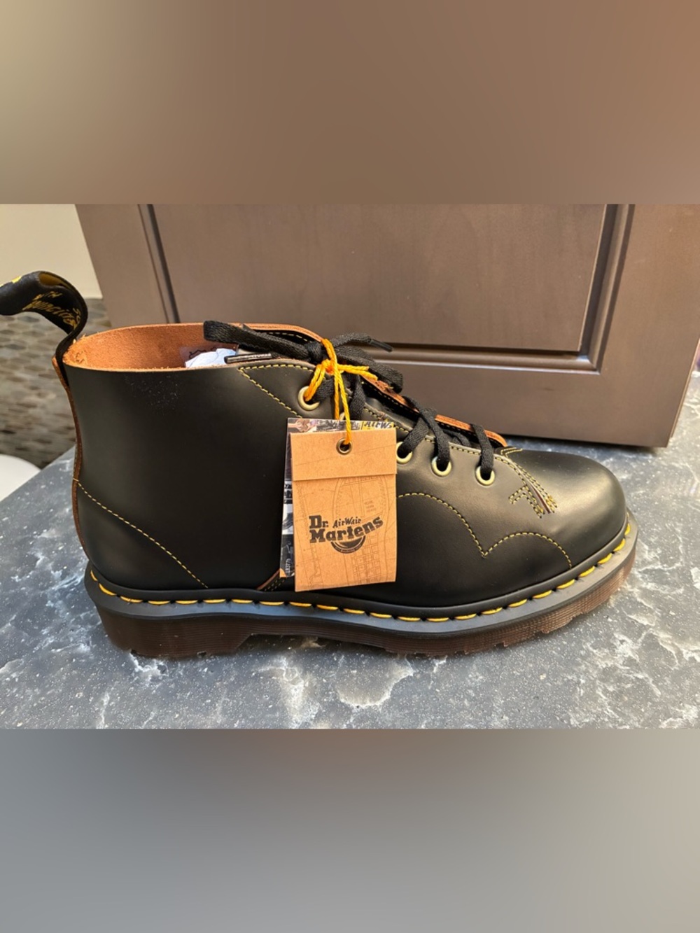 NWT Dr. Martens Black Leather Lace-Up Boot with Yellow Stitching